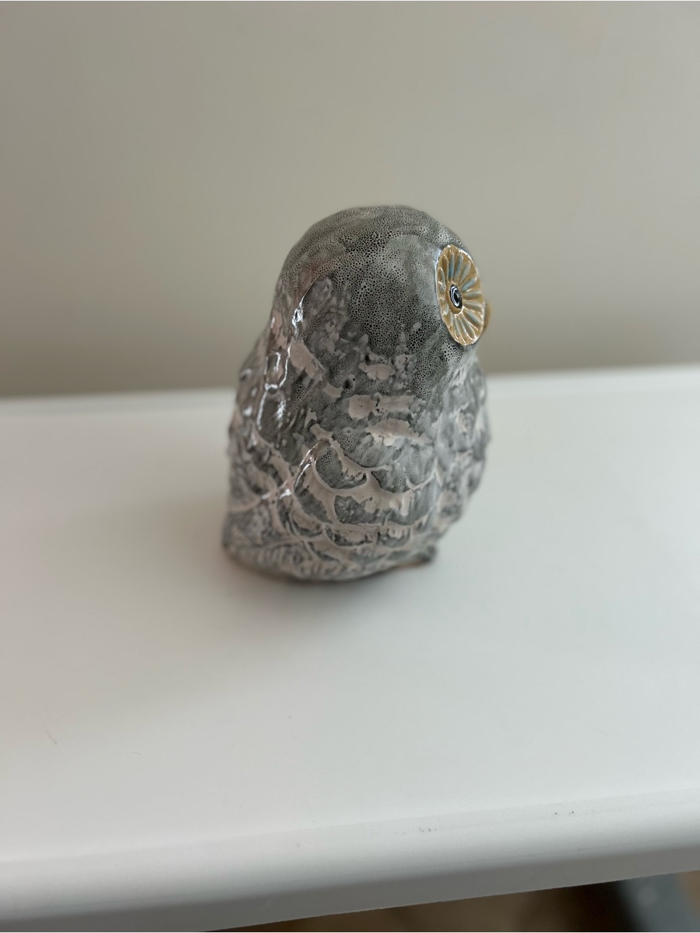 Gray Ceramic Owl Figurine with Gold Accent - Decorative Bird